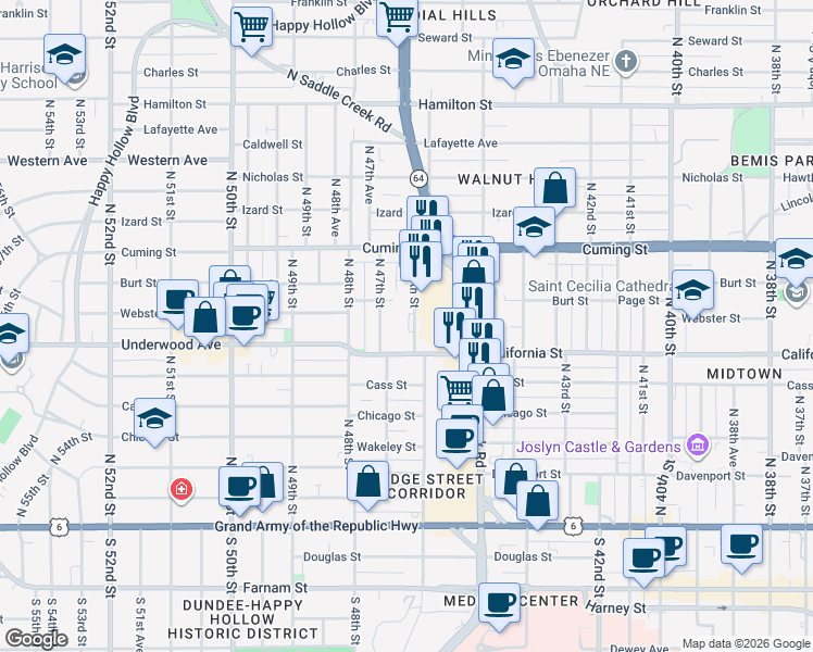 map of restaurants, bars, coffee shops, grocery stores, and more near 4602 California Street in Omaha