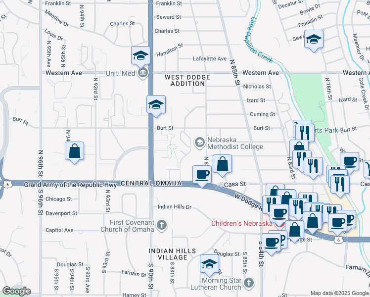 map of restaurants, bars, coffee shops, grocery stores, and more near 567 North 88th Plaza in Omaha