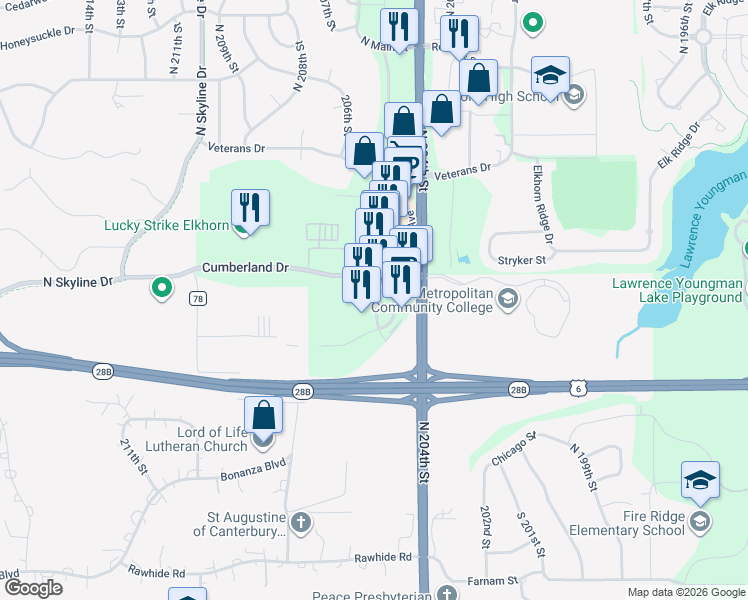 map of restaurants, bars, coffee shops, grocery stores, and more near 711 205th Street in Omaha