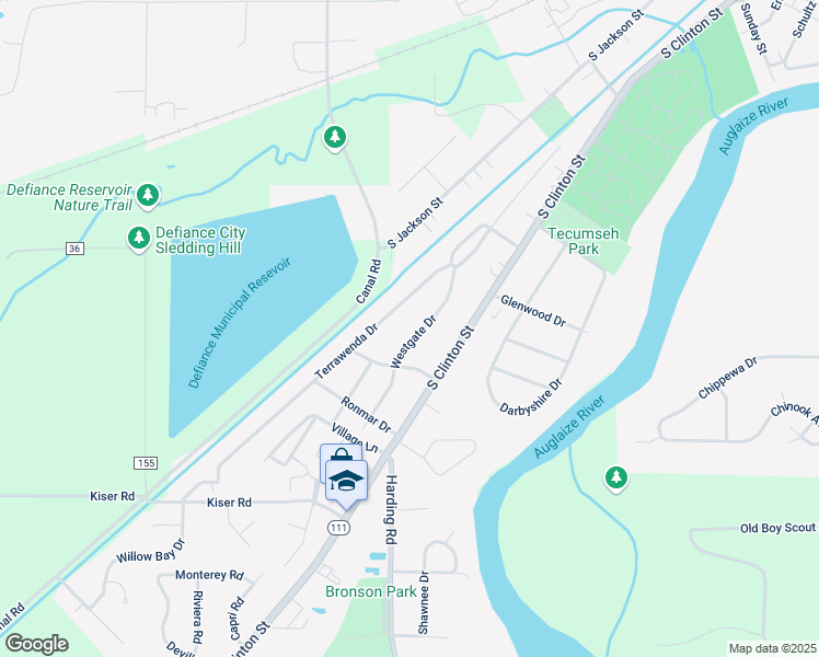 map of restaurants, bars, coffee shops, grocery stores, and more near 1581 Westgate Drive in Defiance