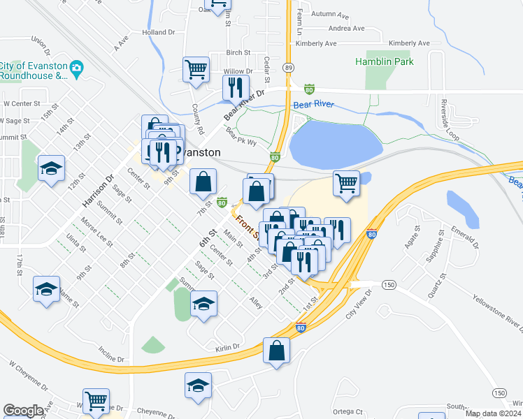 map of restaurants, bars, coffee shops, grocery stores, and more near 524 Front Street in Evanston