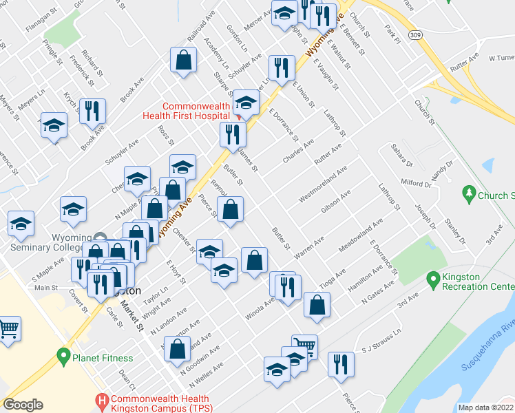 map of restaurants, bars, coffee shops, grocery stores, and more near 69 Butler Street in Kingston