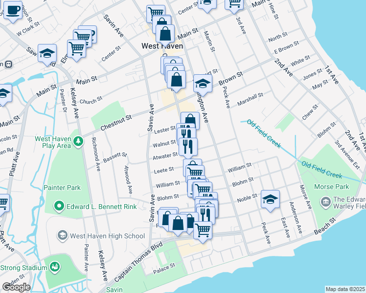 map of restaurants, bars, coffee shops, grocery stores, and more near 132 Atwater Street in West Haven