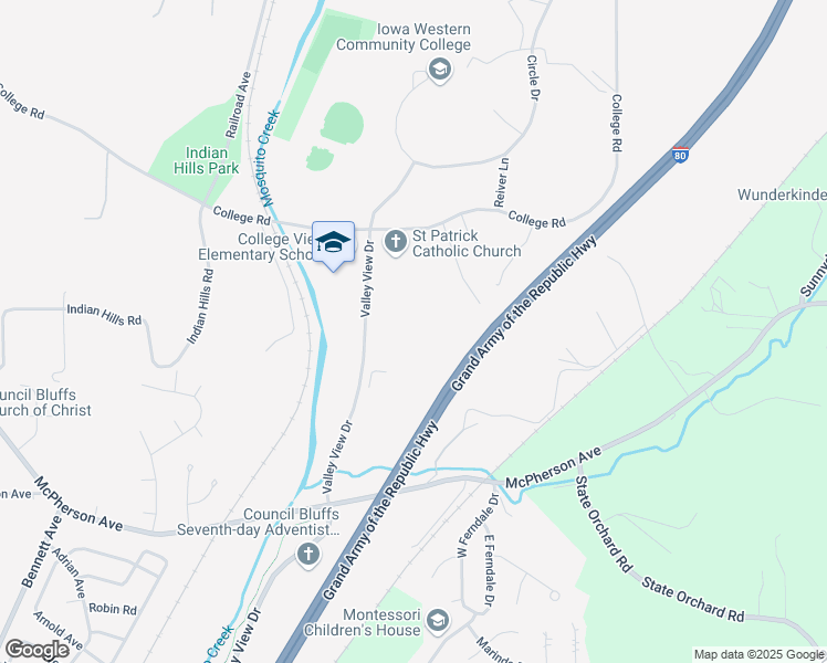 map of restaurants, bars, coffee shops, grocery stores, and more near 16 Valley View Drive in Council Bluffs