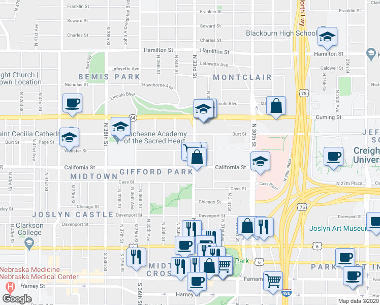 map of restaurants, bars, coffee shops, grocery stores, and more near 3320 California Street in Omaha