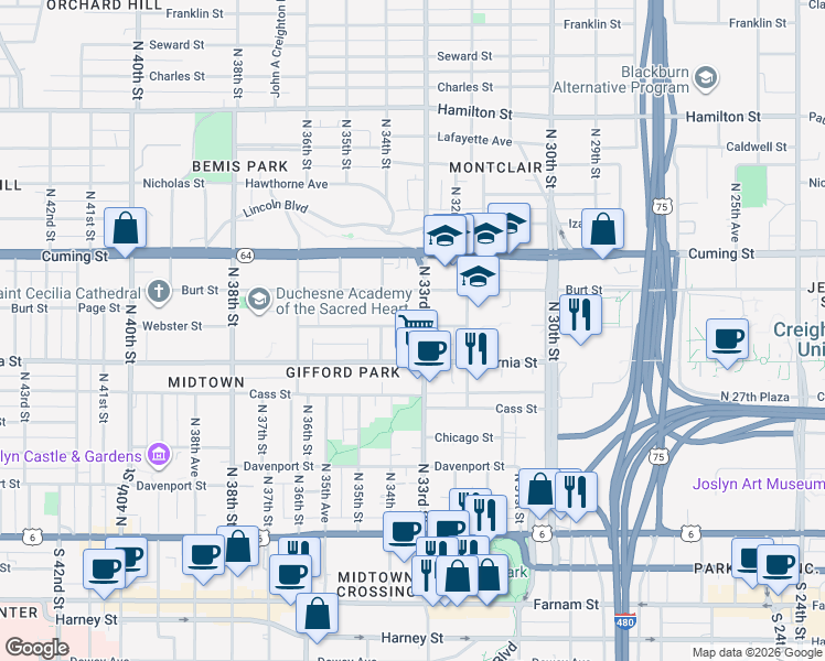 map of restaurants, bars, coffee shops, grocery stores, and more near 3320 California Street in Omaha