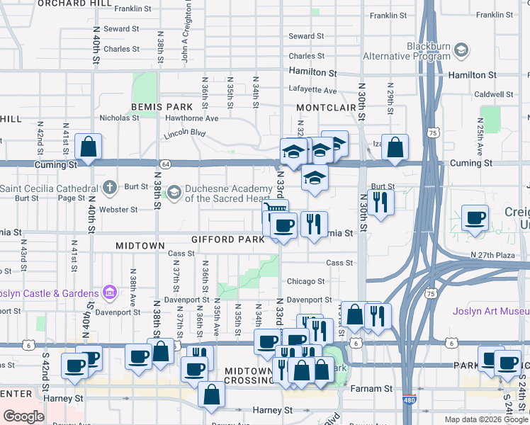 map of restaurants, bars, coffee shops, grocery stores, and more near 3320 California Street in Omaha