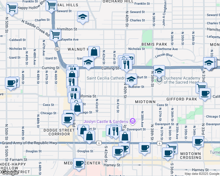 map of restaurants, bars, coffee shops, grocery stores, and more near 4112 California Street in Omaha