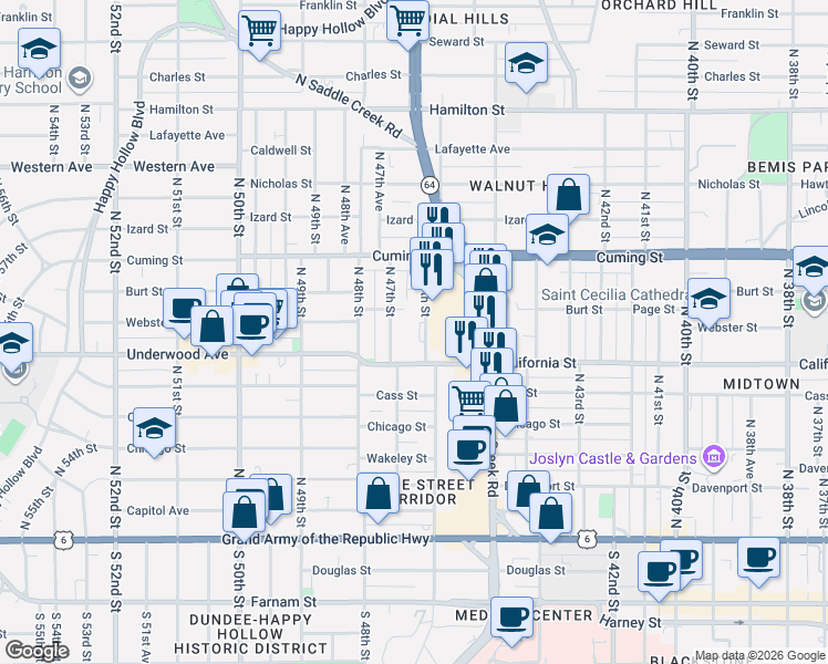 map of restaurants, bars, coffee shops, grocery stores, and more near 4602 California Street in Omaha