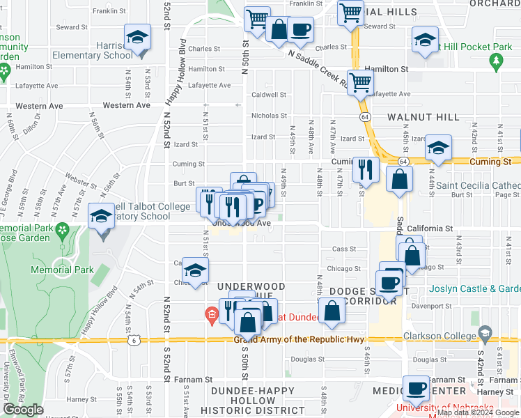 map of restaurants, bars, coffee shops, grocery stores, and more near 4919 Underwood Avenue in Omaha