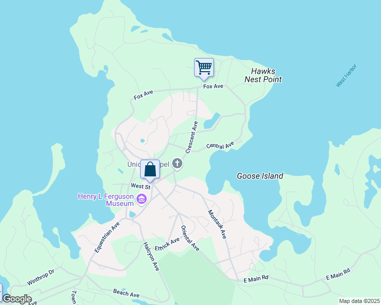 map of restaurants, bars, coffee shops, grocery stores, and more near 821 Crescent Avenue in Fishers Island