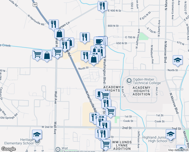 map of restaurants, bars, coffee shops, grocery stores, and more near 381 North Washington Boulevard in Ogden