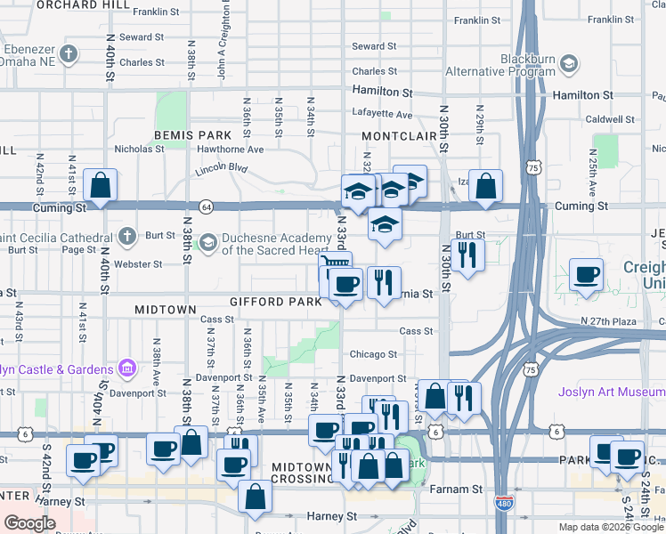 map of restaurants, bars, coffee shops, grocery stores, and more near 3320 California Street in Omaha