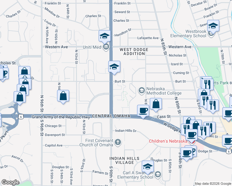 map of restaurants, bars, coffee shops, grocery stores, and more near 8960 Underwood Avenue in Omaha