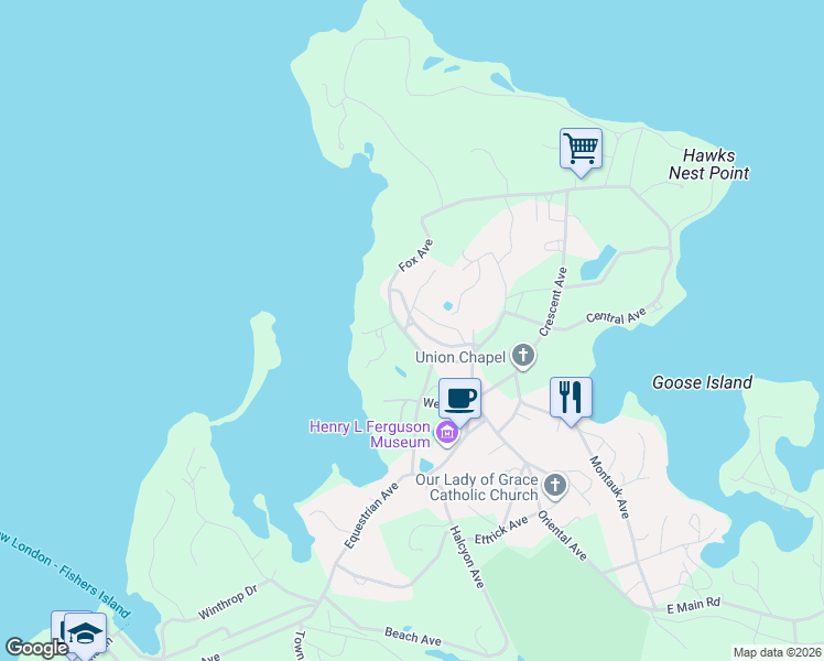 map of restaurants, bars, coffee shops, grocery stores, and more near 920 Lower Shingle Hill in Fishers Island