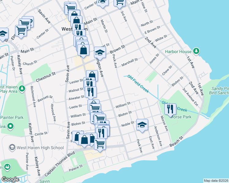 map of restaurants, bars, coffee shops, grocery stores, and more near 264 Peck Avenue in West Haven