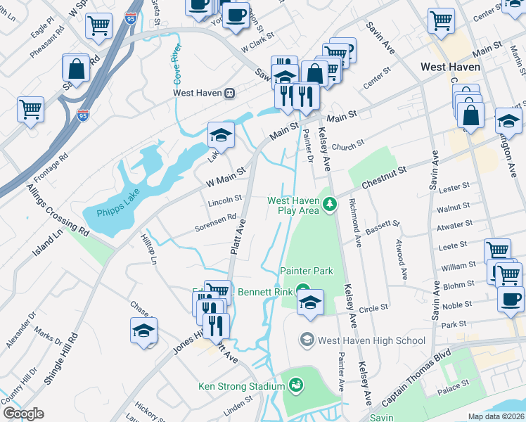 map of restaurants, bars, coffee shops, grocery stores, and more near 4 Simos Lane in West Haven