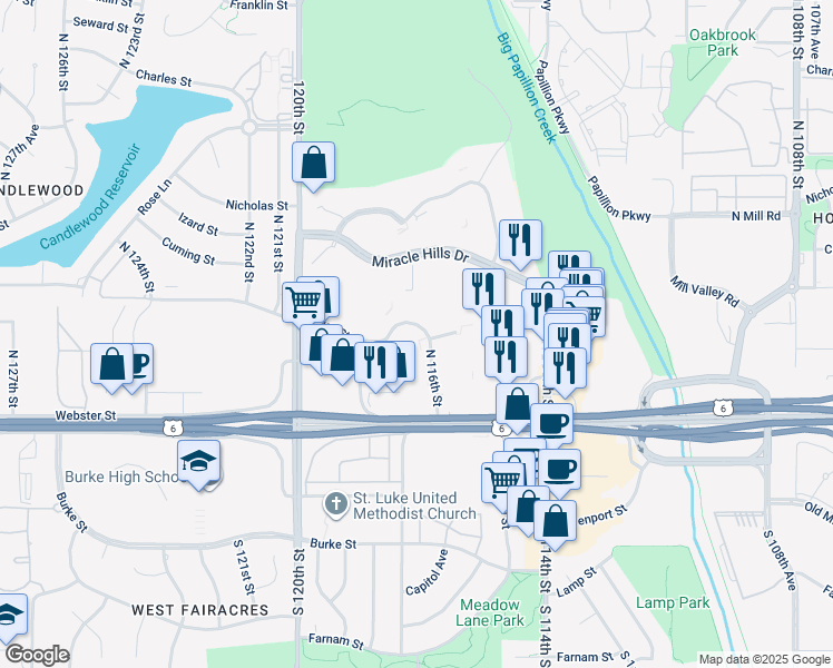 map of restaurants, bars, coffee shops, grocery stores, and more near 11617 Burt Street in Omaha