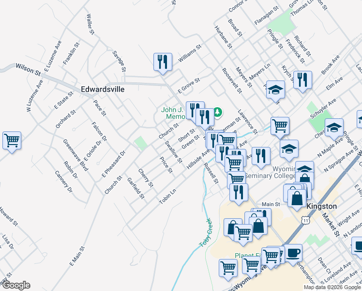 map of restaurants, bars, coffee shops, grocery stores, and more near 47 Short Street in Edwardsville
