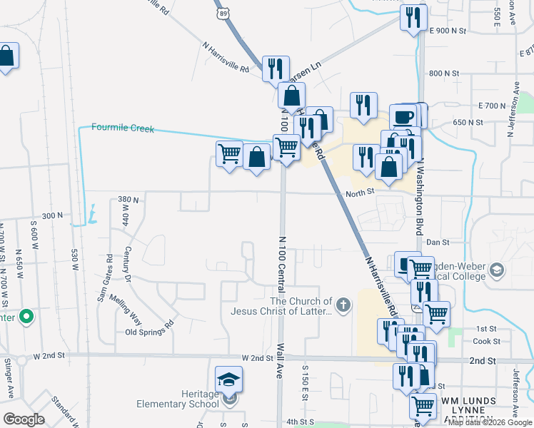 map of restaurants, bars, coffee shops, grocery stores, and more near 346 North Street in Ogden