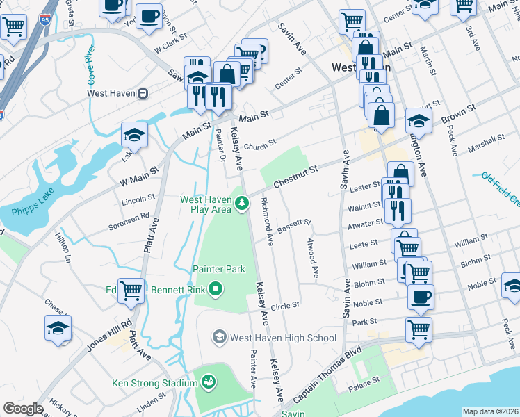 map of restaurants, bars, coffee shops, grocery stores, and more near 104 Chestnut Street in West Haven