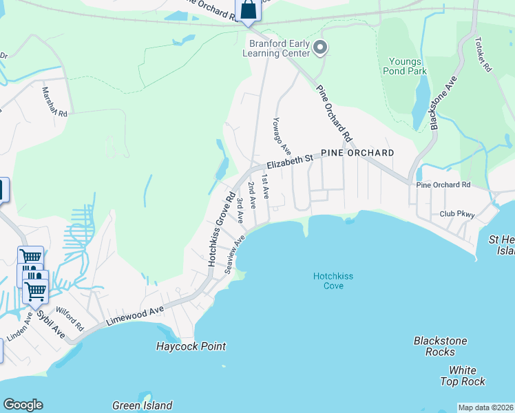 map of restaurants, bars, coffee shops, grocery stores, and more near 34 2nd Avenue in Branford