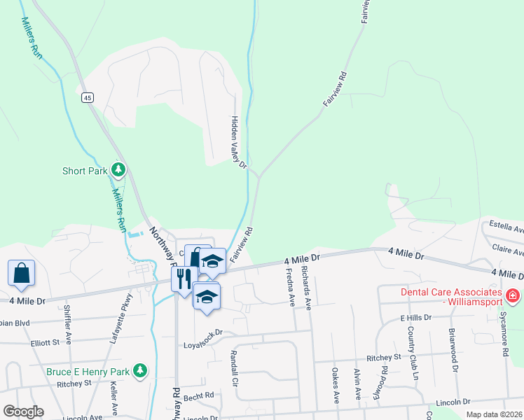 map of restaurants, bars, coffee shops, grocery stores, and more near 1880 Fairview Road in Montoursville