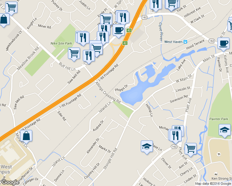 map of restaurants, bars, coffee shops, grocery stores, and more near 23 Phipps Drive in West Haven