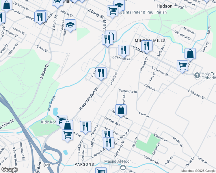 map of restaurants, bars, coffee shops, grocery stores, and more near 1307 North Washington Street in Wilkes-Barre
