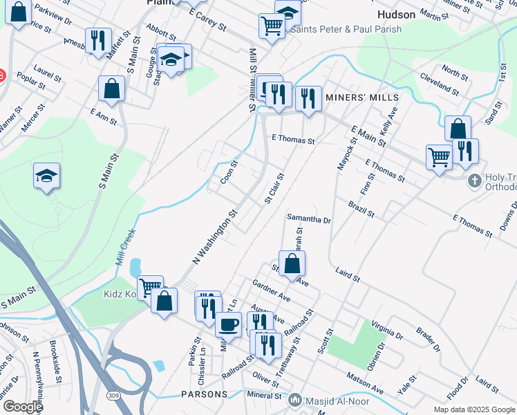 map of restaurants, bars, coffee shops, grocery stores, and more near 1307 North Washington Street in Wilkes-Barre