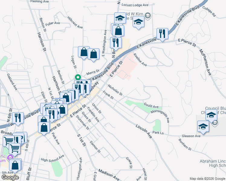map of restaurants, bars, coffee shops, grocery stores, and more near 131 Nicholas Street in Council Bluffs