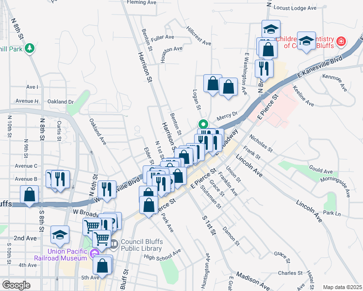 map of restaurants, bars, coffee shops, grocery stores, and more near 208 Benton Street in Council Bluffs