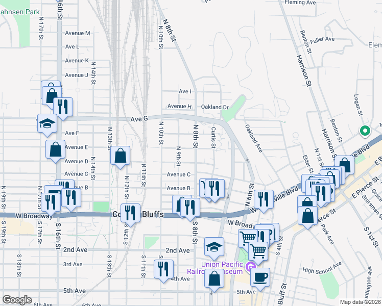 map of restaurants, bars, coffee shops, grocery stores, and more near 512 North 8th Street in Council Bluffs