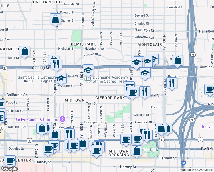 map of restaurants, bars, coffee shops, grocery stores, and more near 3513 Burt Street in Omaha