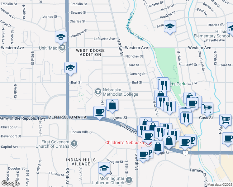map of restaurants, bars, coffee shops, grocery stores, and more near 736 North 86th Street in Omaha