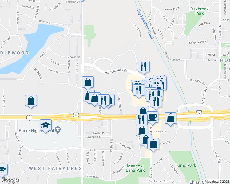 map of restaurants, bars, coffee shops, grocery stores, and more near 11602 Burt Street in Omaha