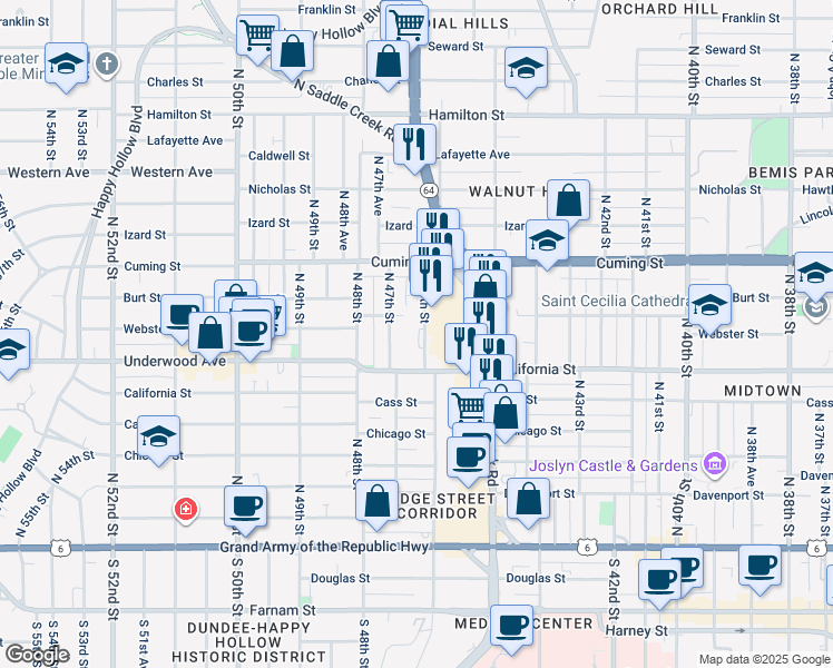 map of restaurants, bars, coffee shops, grocery stores, and more near 802 North 46th Street in Omaha
