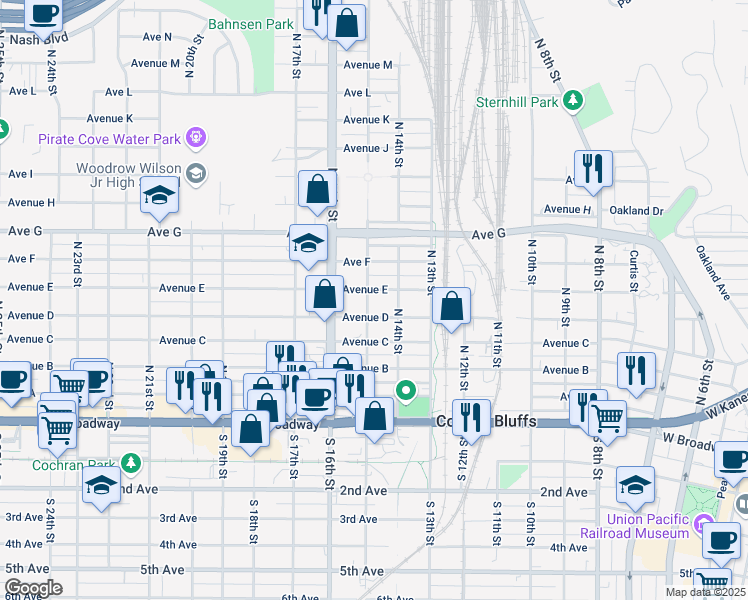 map of restaurants, bars, coffee shops, grocery stores, and more near 1404 Avenue E in Council Bluffs