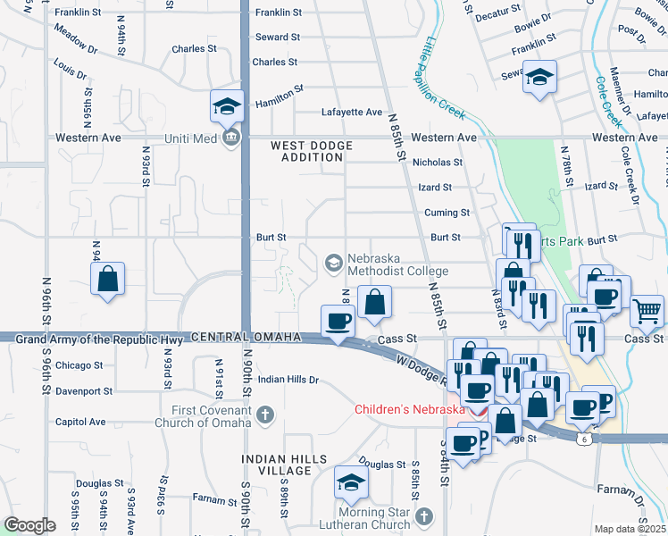 map of restaurants, bars, coffee shops, grocery stores, and more near 720 North 87th Street in Omaha