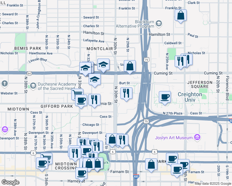 map of restaurants, bars, coffee shops, grocery stores, and more near 1624 Webster Street in Omaha