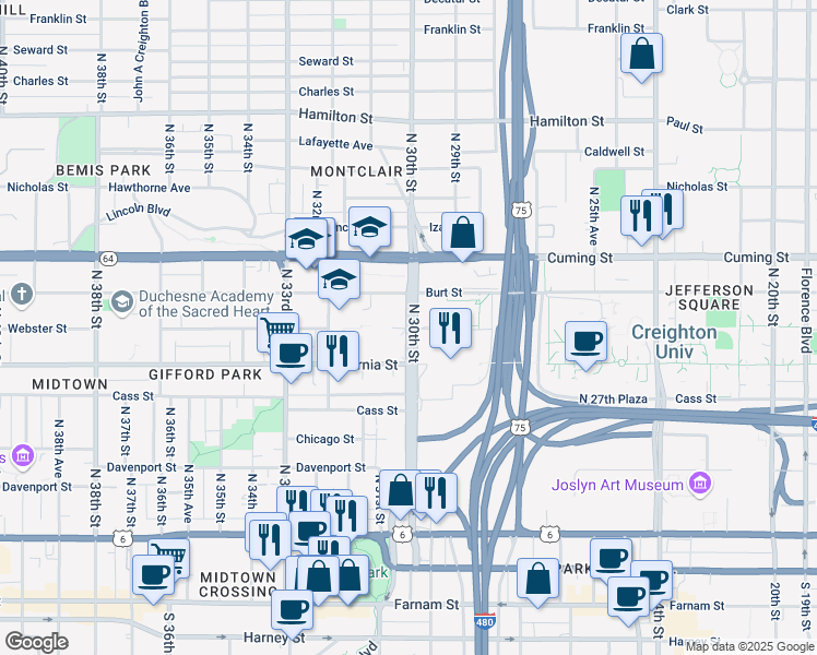 map of restaurants, bars, coffee shops, grocery stores, and more near 1624 Webster Street in Omaha