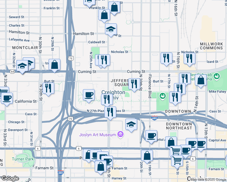 map of restaurants, bars, coffee shops, grocery stores, and more near 601 North 23rd Street in Omaha