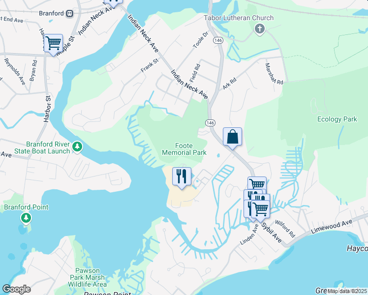 map of restaurants, bars, coffee shops, grocery stores, and more near 12 Melrose Avenue in Branford