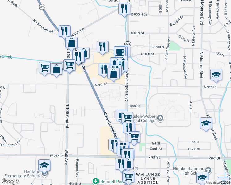 map of restaurants, bars, coffee shops, grocery stores, and more near 381 North Washington Boulevard in Ogden