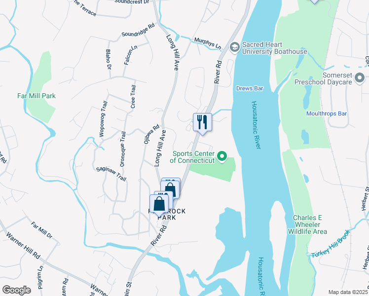 map of restaurants, bars, coffee shops, grocery stores, and more near 16 Wintergreen Lane in Shelton
