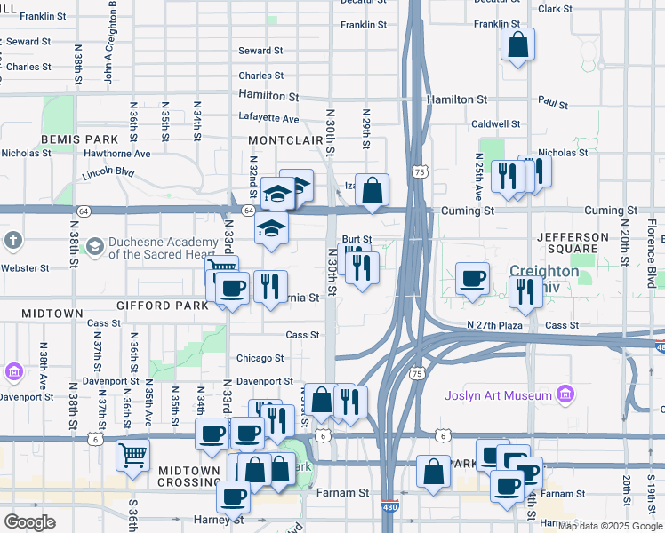 map of restaurants, bars, coffee shops, grocery stores, and more near in Omaha