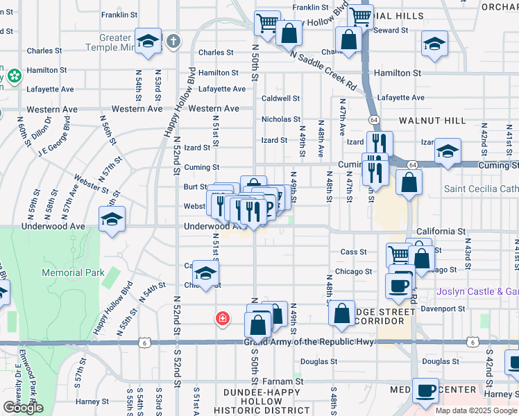 map of restaurants, bars, coffee shops, grocery stores, and more near 4919 Burt Street in Omaha