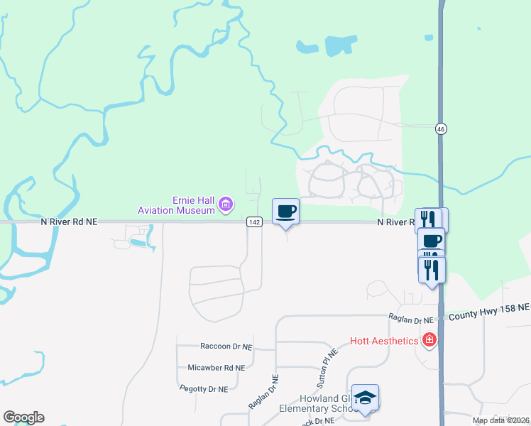 map of restaurants, bars, coffee shops, grocery stores, and more near 1201 River Glen Road in Warren