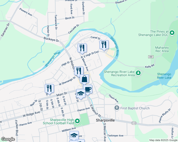 map of restaurants, bars, coffee shops, grocery stores, and more near 18 East Shenango Street in Sharpsville