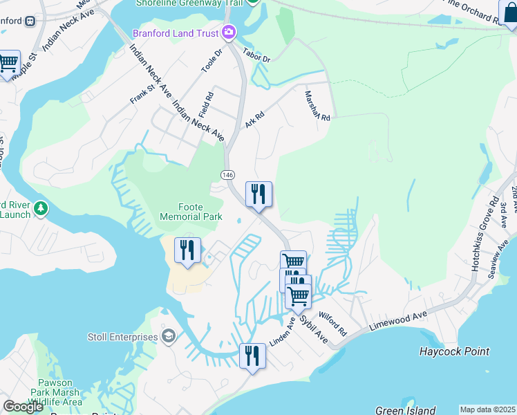 map of restaurants, bars, coffee shops, grocery stores, and more near 142 South Montowese Street in Branford